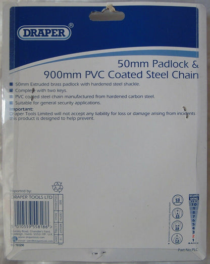Draper 50mm Padlock & 900mm PVC Coated Steel Chain Fast Post UK