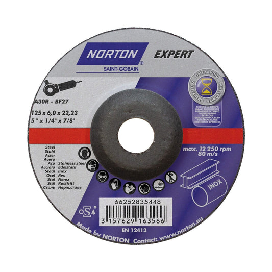 Norton Expert A 30 R-BF27 Grinding Disc for Steel and Inox - 125mm x 6mm x 22.23 mm